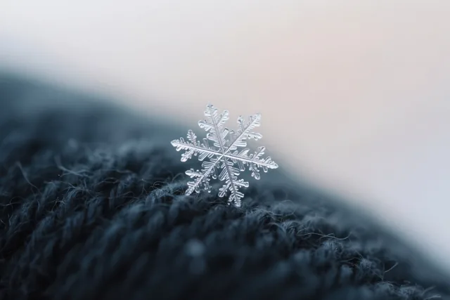 Een gedetailleerde sneeuwvlok ligt op donkere wol met een zichtbare structuur, tegen een zacht vervaagde achtergrond in koele tinten.