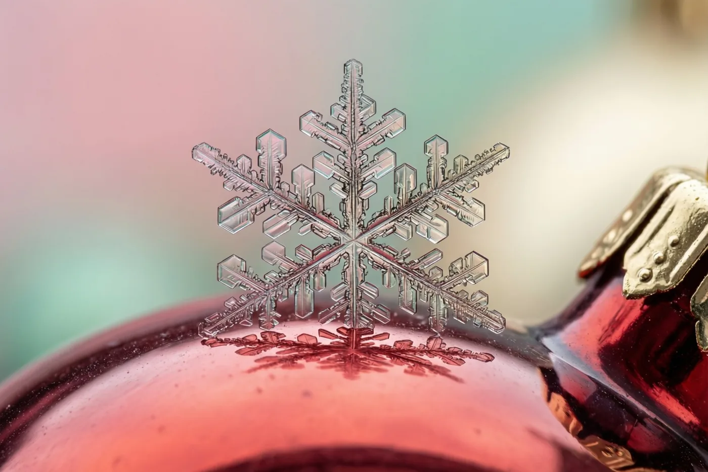 Een fijne sneeuwvlok rust op een glanzende rode glazen kerstbal, met een wazige achtergrond in pastelroze en blauwgroen.