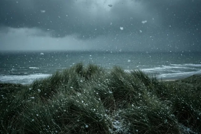 Vanaf met gras begroeide duinen zijn sneeuwvlokken boven een grijze, stormachtige zee te zien, in koele grijze, blauwe en witte tinten.