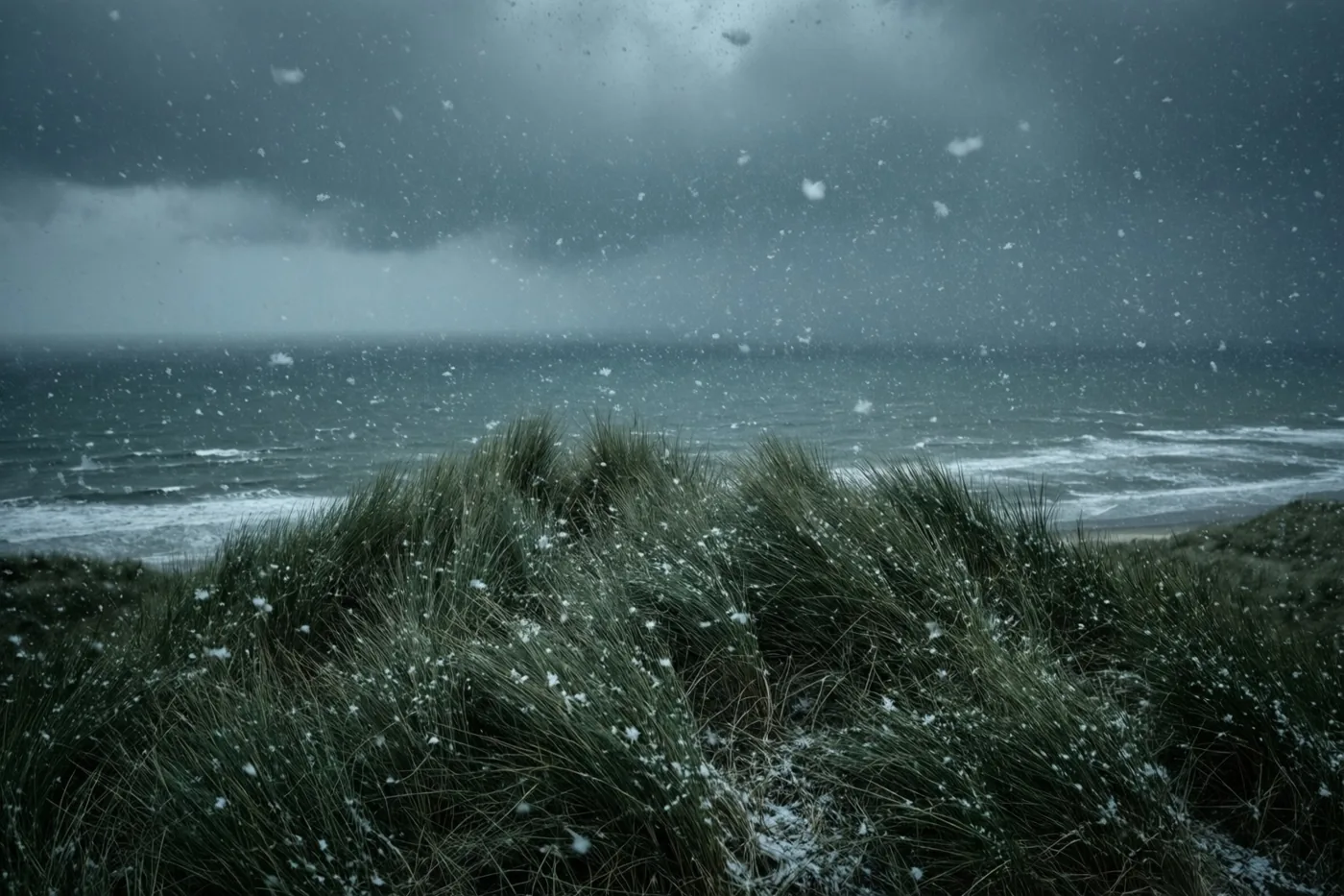Vanaf met gras begroeide duinen zijn sneeuwvlokken boven een grijze, stormachtige zee te zien, in koele grijze, blauwe en witte tinten.