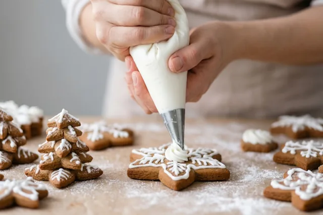 Handen versieren een peperkoekkoekje in de vorm van een sneeuwvlok met wit glazuur op een tafel met bloemsuiker, tussen versierde koekjes in boom- en sneeuwvlokvorm.