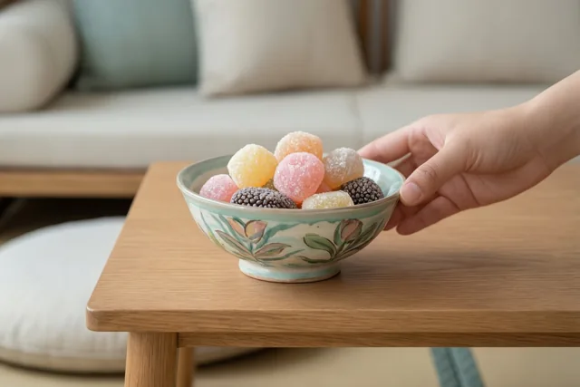 Een hand houdt een handbeschilderde keramieken kom met kleurrijke gesuikerde snoepjes op een lage houten tafel in een woonkamer met kussens en zacht daglicht.