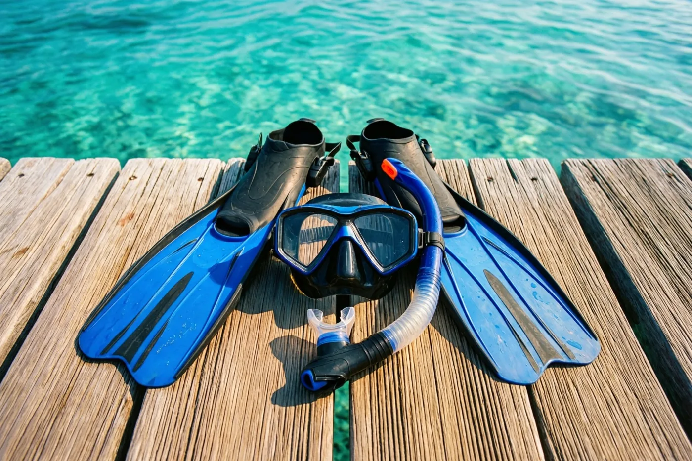 Een snorkel, duikbril en zwemvliezen liggen op een verweerde houten steiger boven helder turquoise water in de zon.