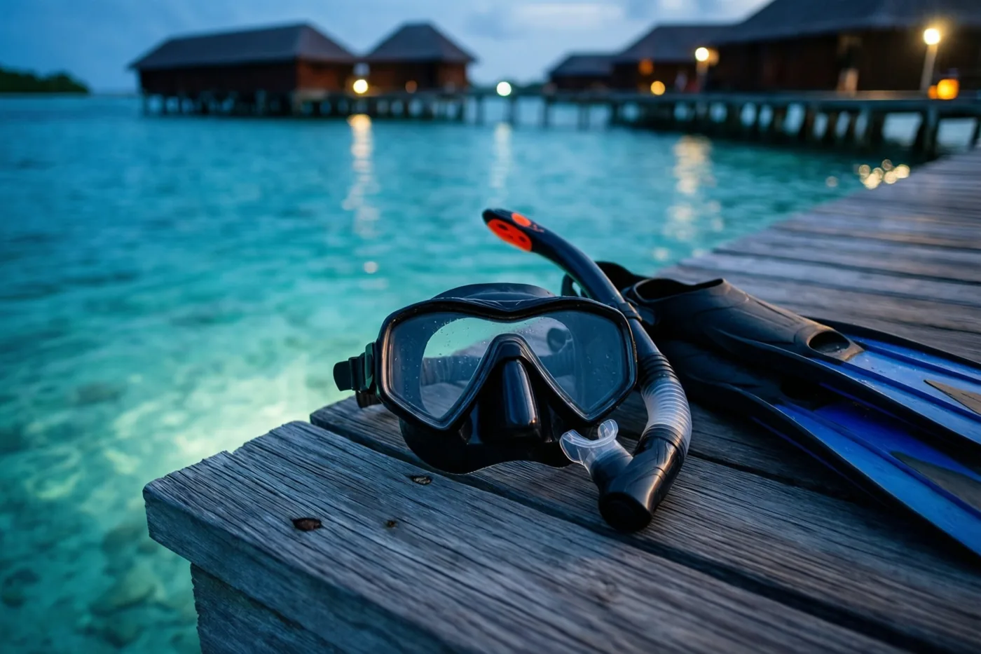 Een snorkelmasker en zwemvliezen liggen bij schemering op een verweerde houten steiger boven helder turquoise water, met verlichte bungalows boven het water op de achtergrond.