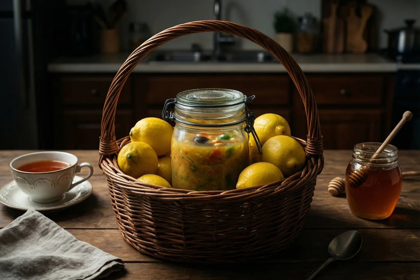 Een rieten mand met een pot soep, citroenen, een kop thee en een pot honing met een honinglepel staat op een houten tafel in een warm verlichte landelijke keuken.