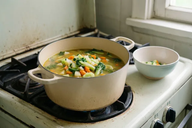Een beige geëmailleerde pot groentesoep pruttelt op een oud wit gasvuur, met ernaast een lichtblauw kommetje groenten en op de achtergrond een raam en verweerde keukenmuren.