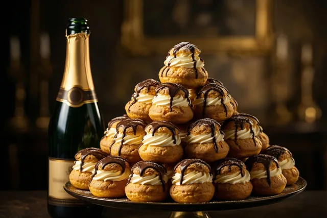 Een piramide van kleine roomsoesjes met chocolade staat op een taartvoet naast een champagnefles in een zacht verlichte ruimte met warme goudtinten.