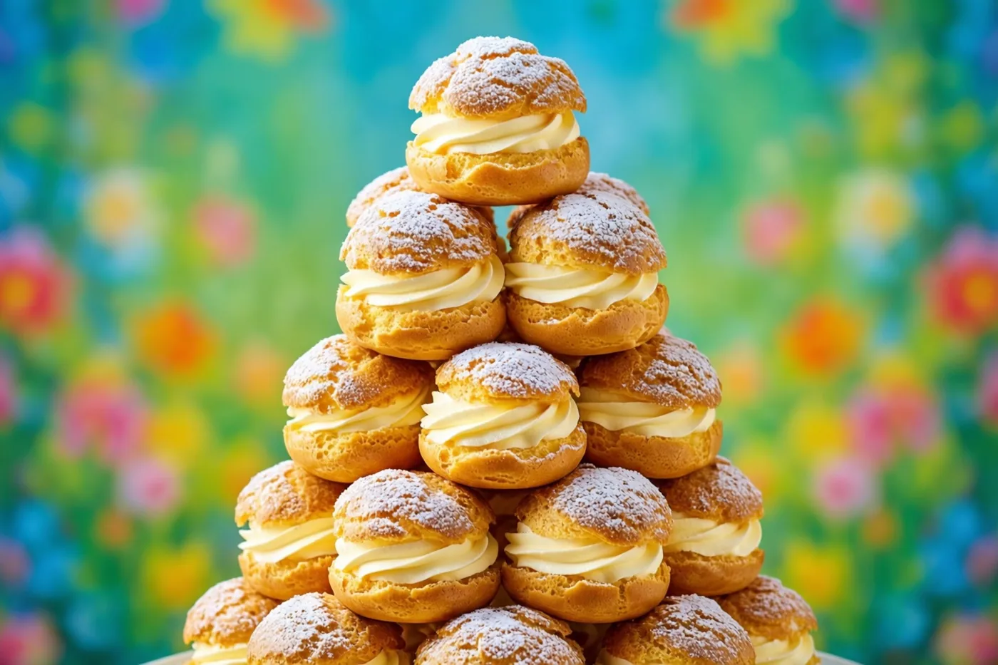 Een hoge piramide van met room gevulde soesjes met poedersuiker staat tegen een kleurrijke, onscherpe bloemenachtergrond.
