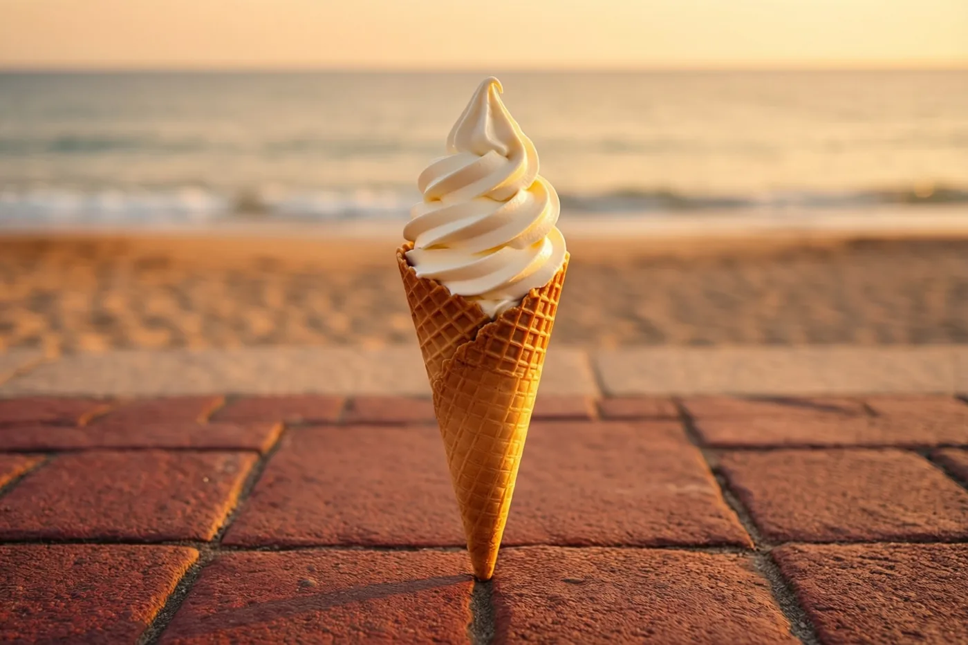 Een hoorntje softijs staat rechtop op een rode bakstenen zeedijk, met onscherp het strand en de zee onder een warme avondhemel.