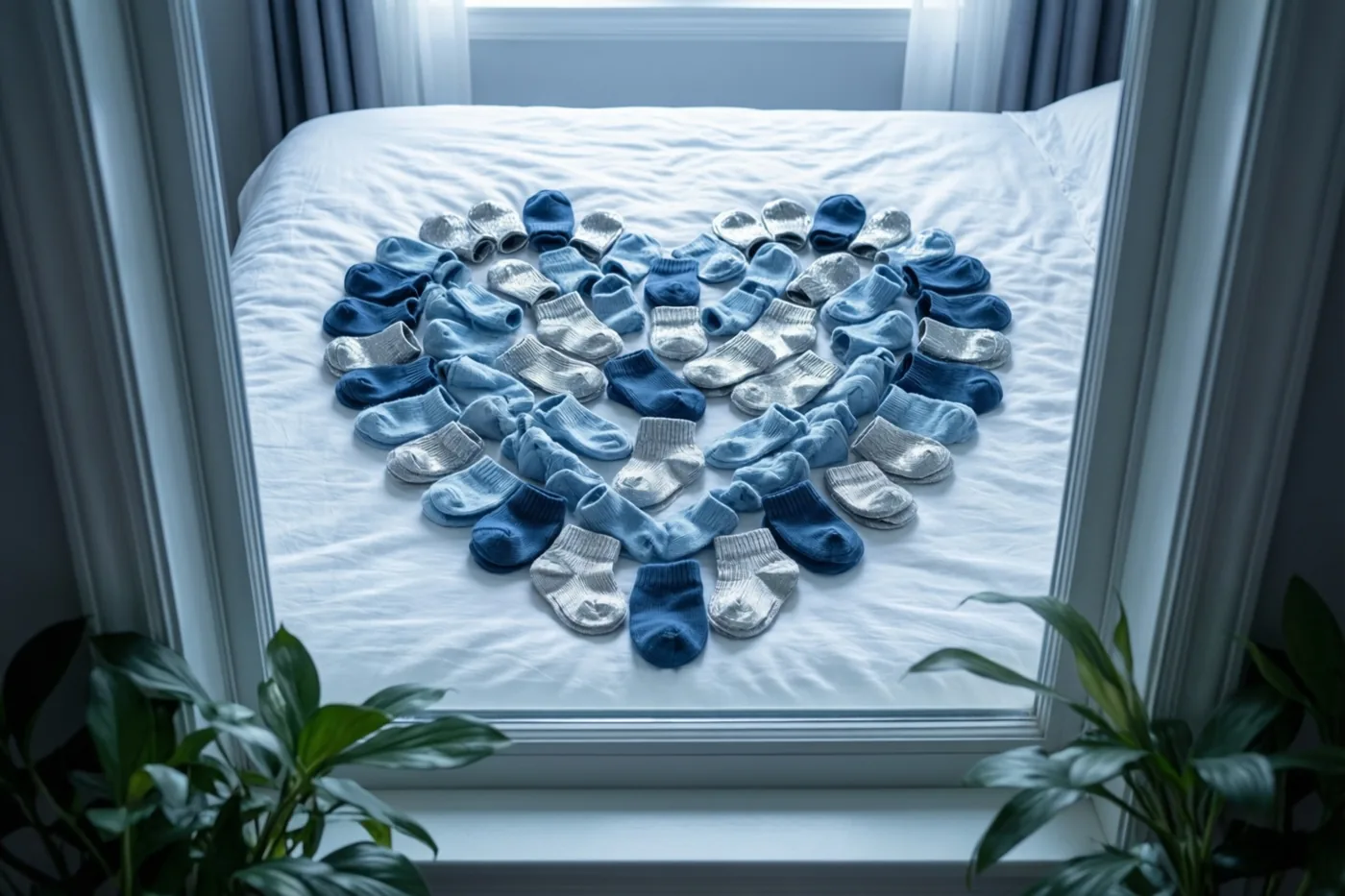Kleine babysokjes vormen een hart op een wit laken, gezien door een raam met grijze gordijnen in zacht blauwachtig en wit licht.
