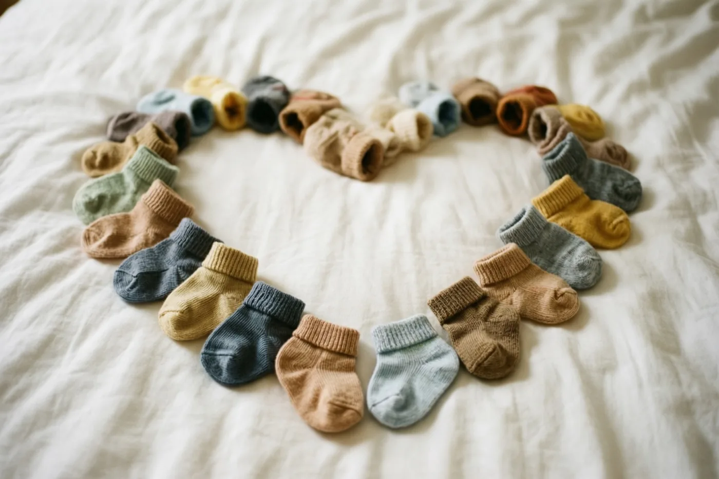 Talrijke kleine babysokjes in zachte pastelkleuren en aardetinten vormen een hart op een wit laken.