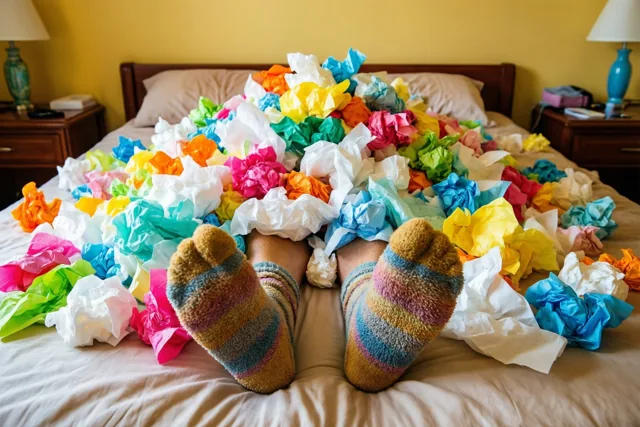 Een persoon ligt op een bed onder een grote berg verfrommelde zakdoekjes in felle kleuren, met kleurrijke pluizige sokken zichtbaar in een slaapkamer met gele muren en houten meubels.
