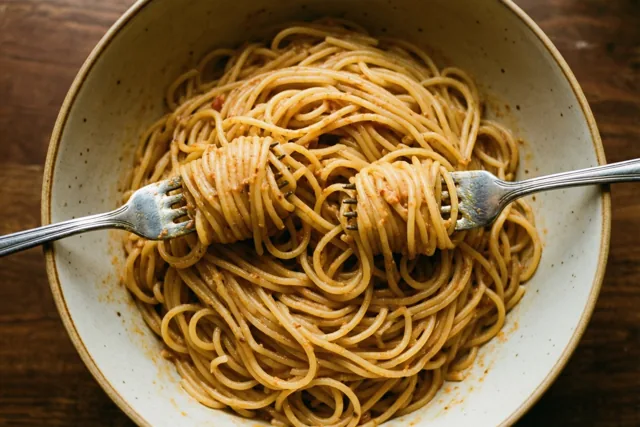 Van bovenaf zijn twee vorken te zien die van tegenovergestelde kanten spaghetti opdraaien in een gespikkelde keramieken kom op donker hout.