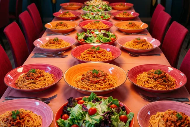 Een lange eettafel staat vol kommen spaghetti en verse salades, in warm licht met overwegend rode en oranje tinten.