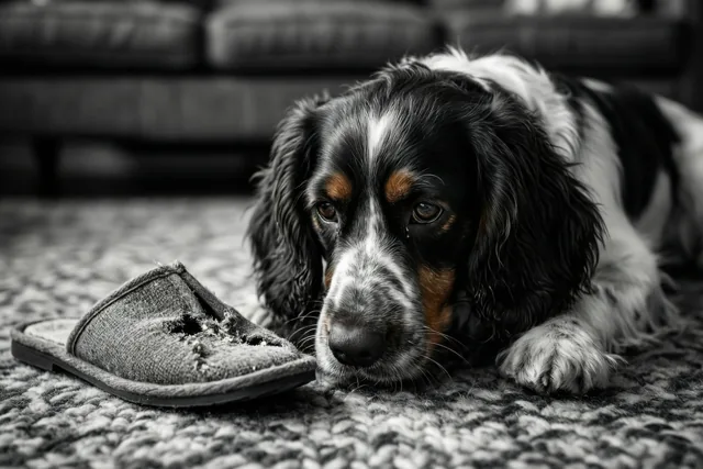 Een spaniel met hangende oren ligt op een tapijt met structuur naast een aangeknaagde pantoffel, met een zetel op de achtergrond in een zwart-witfoto.