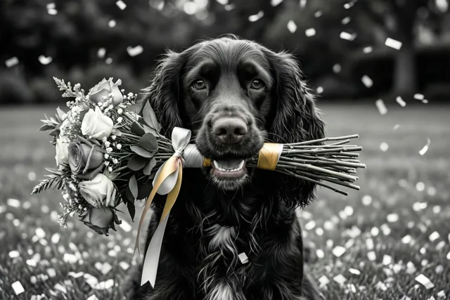 Een zwarte spaniel houdt een boeket met een lint in zijn bek op een gazon met confetti, in een grotendeels zwart-wit beeld waarin het lint en de confetti kleur hebben.