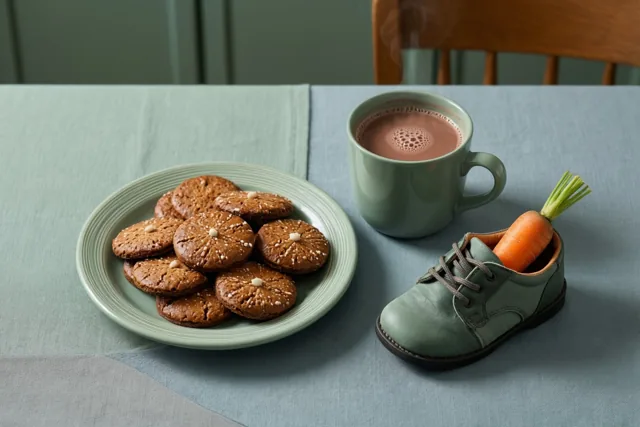 Een bord speculaas en een dampende kop warme chocolademelk staan op een lichtblauw tafelkleed naast een groene kinderschoen met een wortel, met een houten keukenstoel op de achtergrond.