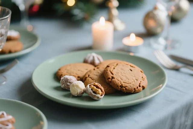 Een bord speculaas en marsepein staat op een blauw tafelkleed, met brandende kaarsen en feestversieringen op de achtergrond.