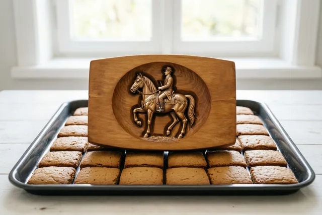 Rechthoekige speculaaskoeken liggen netjes op een metalen bakplaat, met in het midden een rechtopstaand houten snijwerk van een paard en ruiter en een raam op de achtergrond.