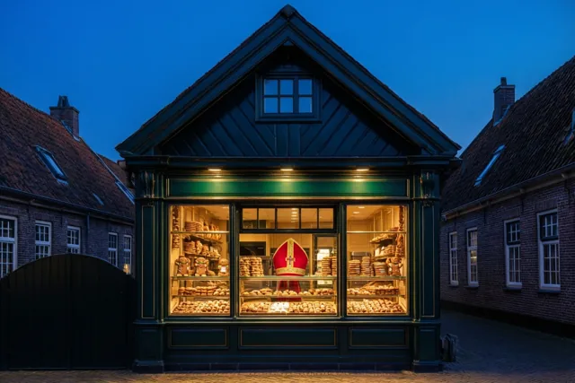 In een warm verlichte bakkersetalage onder een donkere trapgevel staan rijen speculaas en een rode mijter, aan een gekasseide binnenplaats onder een blauwe schemerhemel.