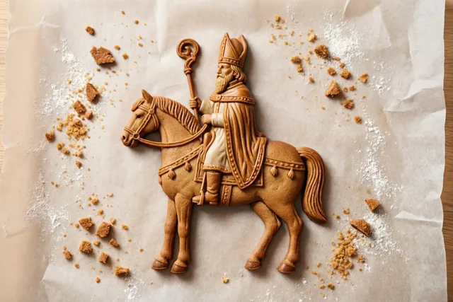 Een gedetailleerde speculaaskoek in de vorm van een bisschop te paard ligt op verkreukeld bakpapier tussen kruimels en bloem, in warm licht.
