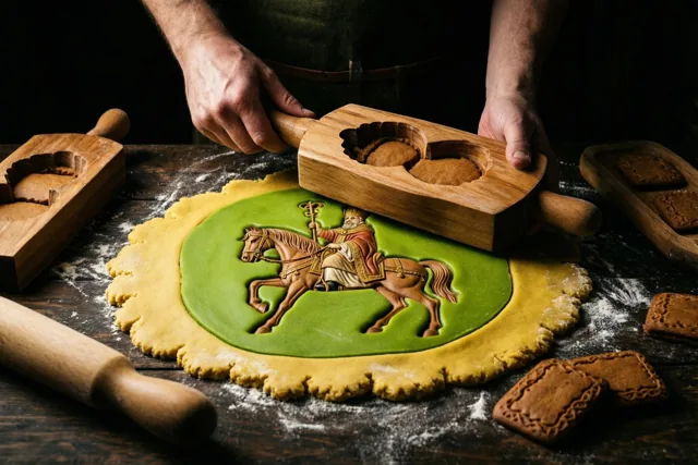 Twee handen drukken een houten vorm van een bisschop te paard in uitgerold speculaasdeeg op een donkere houten tafel met bloem, bakgerei en gebakken koekjes.