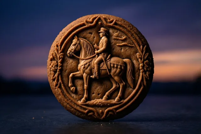 Een rond speculaaskoekje met een gedetailleerd reliëf van een paard en ruiter is van dichtbij te zien tegen een onscherpe paarse en oranje schemerlucht.