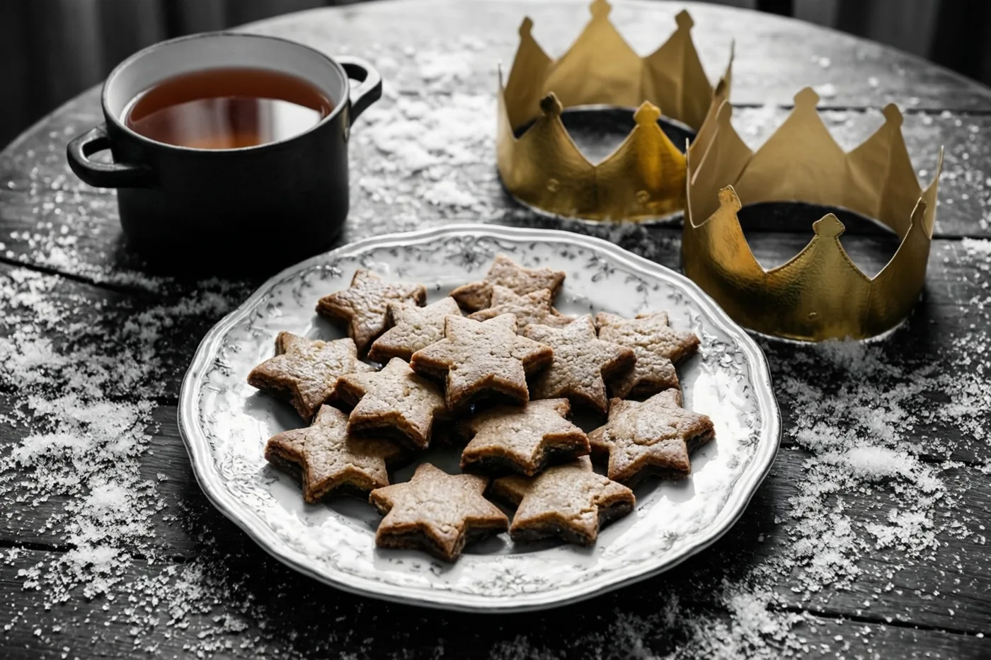 Een bord stervormige speculaas staat op een donkere houten tafel met bloemsuiker, naast een zwarte pot thee en drie goudkleurige papieren kronen.