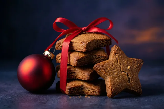 Een stapeltje versgebakken speculoosjes, waaronder een stervormig koekje, is samengebonden met een rood lint naast een rode kerstbal tegen een donkerblauwe achtergrond.