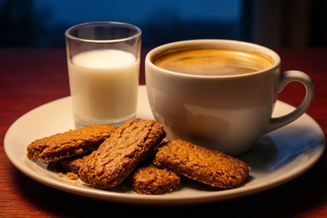 Een wit bord met goudbruine speculooskoekjes, een grote witte mok koffie en een klein glas melk staat op een donkere houten tafel tegen een diepblauwe achtergrond.