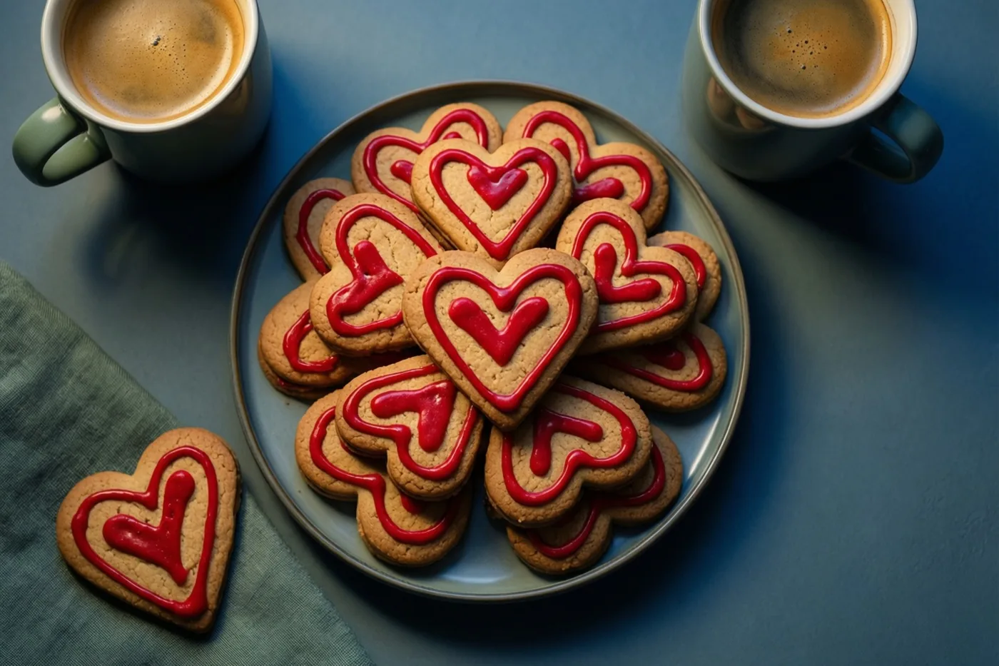 Een bord vol hartvormige speculooskoekjes met rood glazuur staat tussen twee koppen koffie op een blauwe ondergrond, met een groen stoffen servet erbij.
