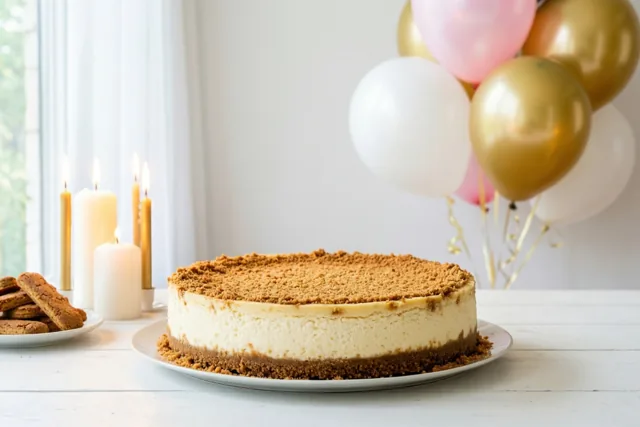 Een hele speculooskaastaart met een kruimelige koekjesbodem staat op een wit bord op een witte houten tafel, naast brandende kaarsen en een bord koekjes, met roze, gouden en witte ballonnen erachter.