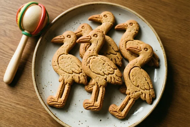 Een bord goudbruine speculooskoekjes in de vorm van ooievaars staat op een houten tafel naast een houten babyrammelaar met kleurrijke ringen.