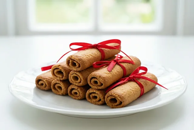 Een hoopje opgerolde speculooskoekjes met rode lintjes ligt op een wit bord voor een helder raam met een wazige achtergrond.