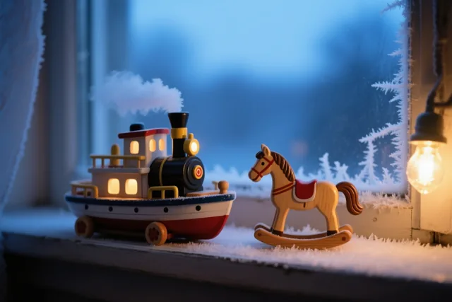 Een speelgoedstoomboot en een houten hobbelpaard staan op een besneeuwde vensterbank bij een warm brandende lamp, met ijsbloemen op het raam en een blauwe winterachtergrond.