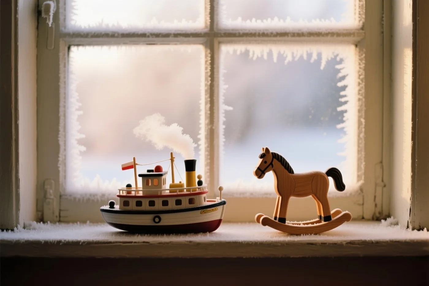 Een speelgoedstoomboot en een houten hobbelpaard staan op een besneeuwde vensterbank, met ijsbloemen op het glas en zacht warm licht.