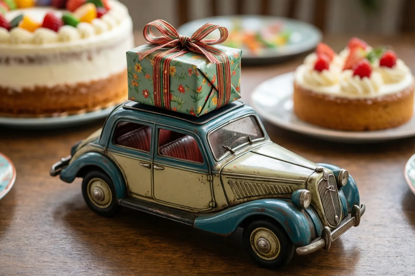 Een oude blikken speelgoedauto met een ingepakt cadeautje op het dak staat op een houten tafel tussen taarten, in blauwgroene, crèmekleurige en rode tinten.