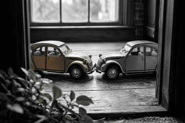 Door een deuropening zijn twee blikken speelgoedauto's in retrostijl te zien die met de neuzen naar elkaar op een houten vloer staan, op een zwart-witfoto.