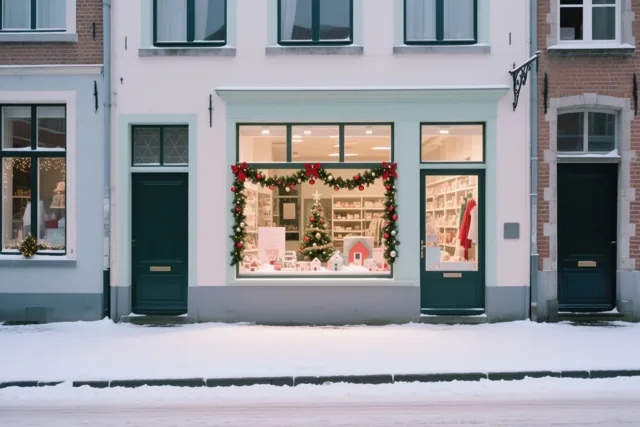 Vanaf een besneeuwde straat is de feestelijke etalage van een speelgoedwinkel in een Vlaams stadje te zien, met groene raamkozijnen en rode kerstversiering.