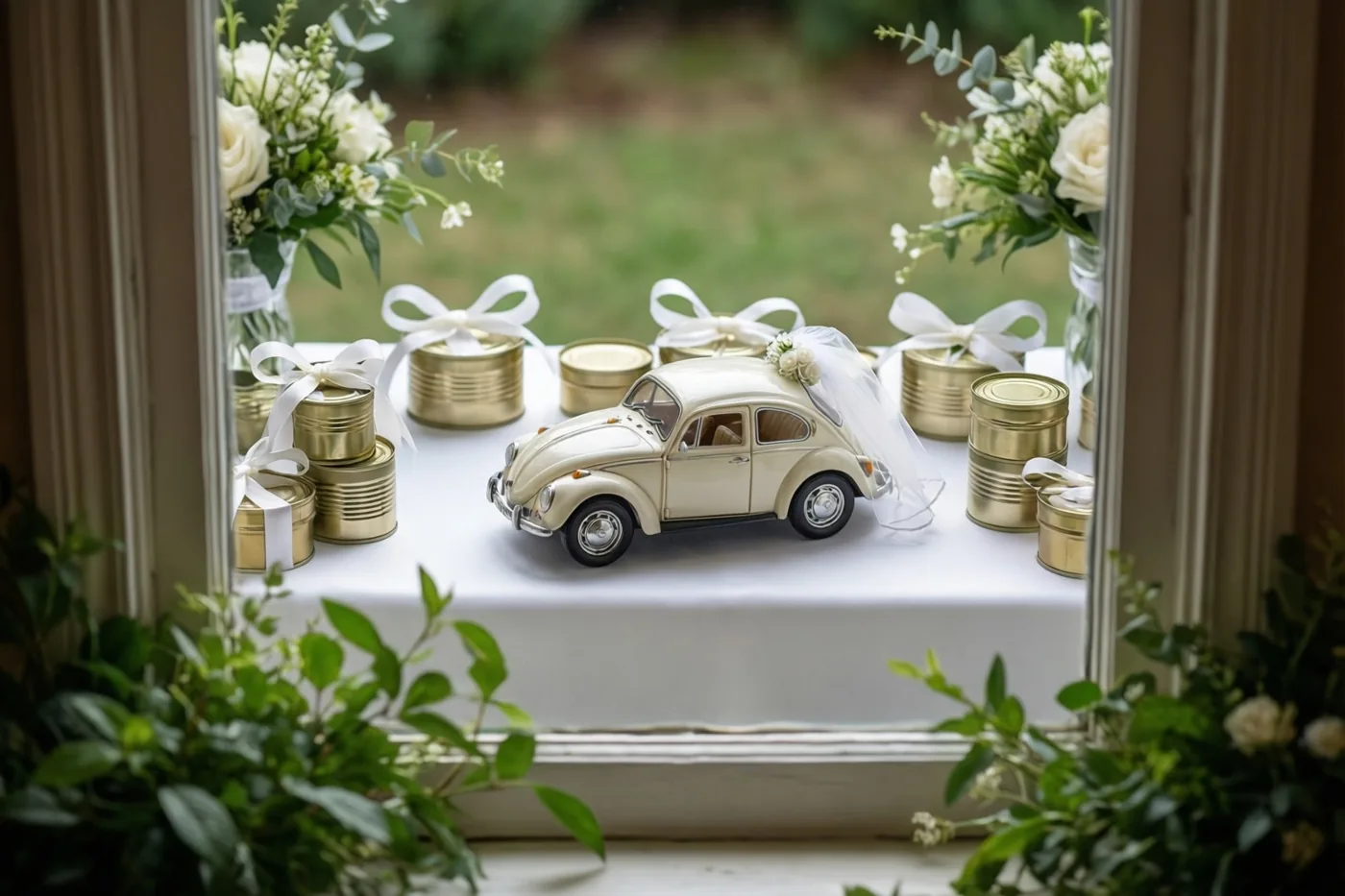 Een crèmekleurige speelgoed-Volkswagen Kever met een witte sluier en bloemen staat op een wit tafelkleed voor een raam met groen, omringd door stapeltjes goudkleurige blikjes met witte linten.