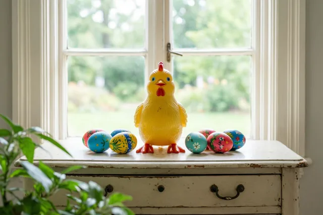 Een geel speelgoedkuiken van celluloid staat tussen kleurrijk beschilderde paaseieren op een verweerd wit dressoir bij een helder raam met een onscherp uitzicht op een groene tuin.