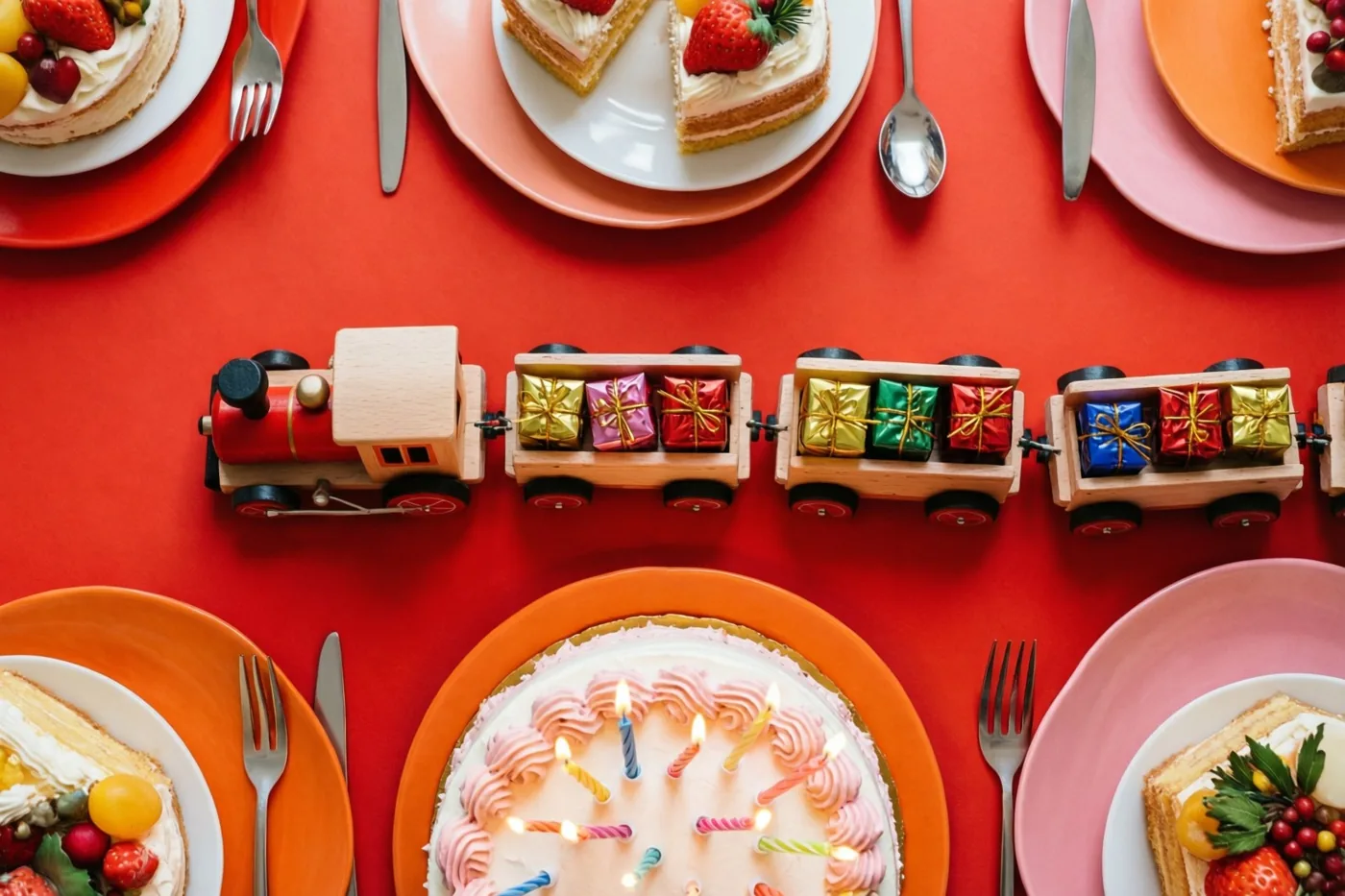 Van bovenaf is een tafel met rood tafellaken te zien, met een taart met brandende kaarsjes, stukken taart op oranje en roze borden en een houten speelgoedtrein met ingepakte cadeaus.