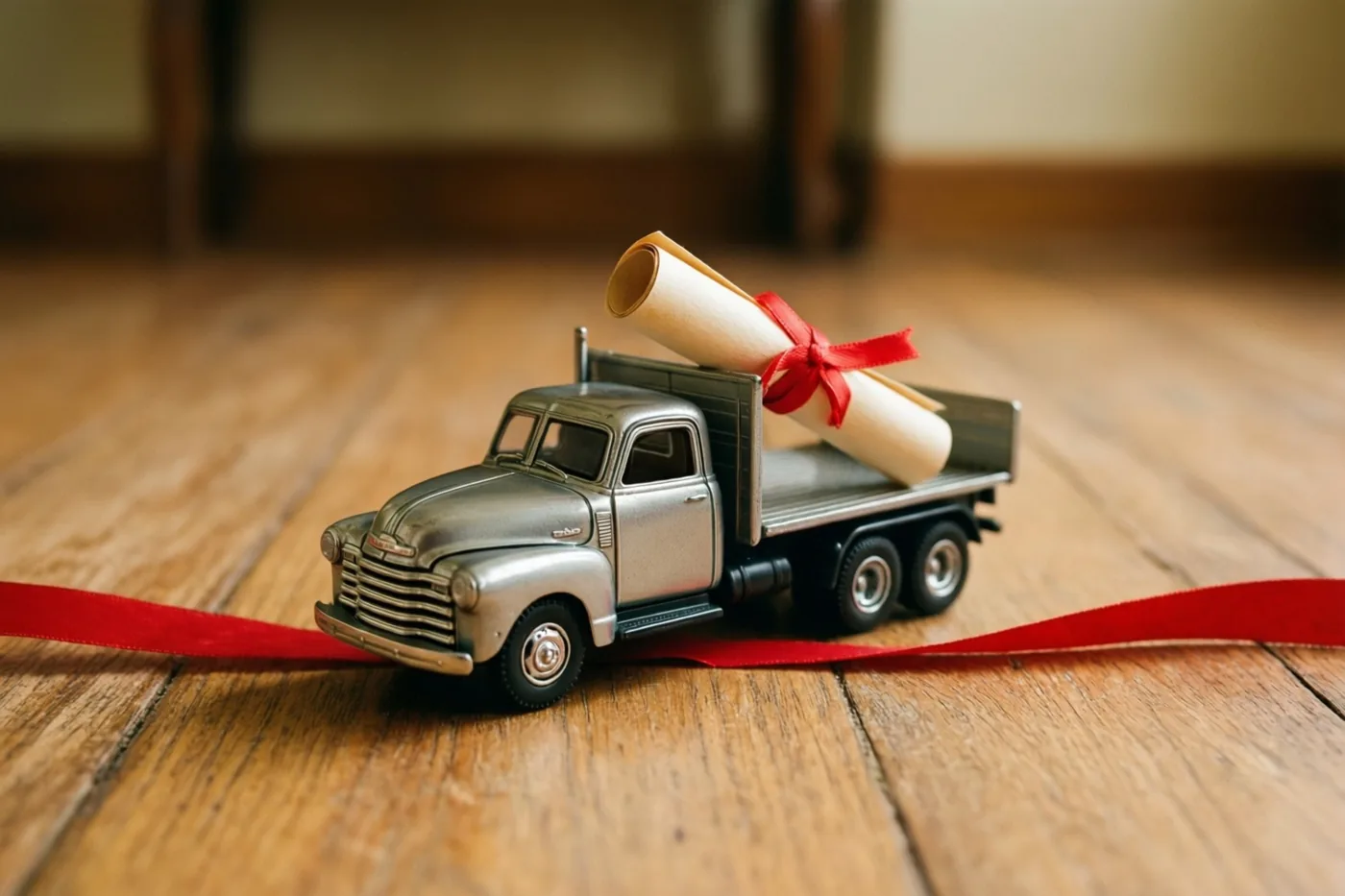 Een kleine zilverkleurige speelgoedvrachtwagen met een opgerold diploma met rood lint staat op een warm verlichte houten vloer waar ook een rood lint overheen ligt.