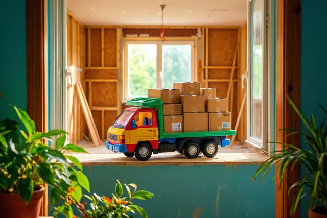 Een kleurrijke speelgoedvrachtwagen met dozen staat op een vensterbank bij een lege kamer met zichtbaar houten regelwerk en blauwgroene muren, met potplanten vooraan in het warme zonlicht.