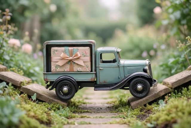 Een vintage blikken speelgoedbestelwagen met een ingepakt cadeau in de laadbak staat op een bemost pad in een weelderige groene tuin.