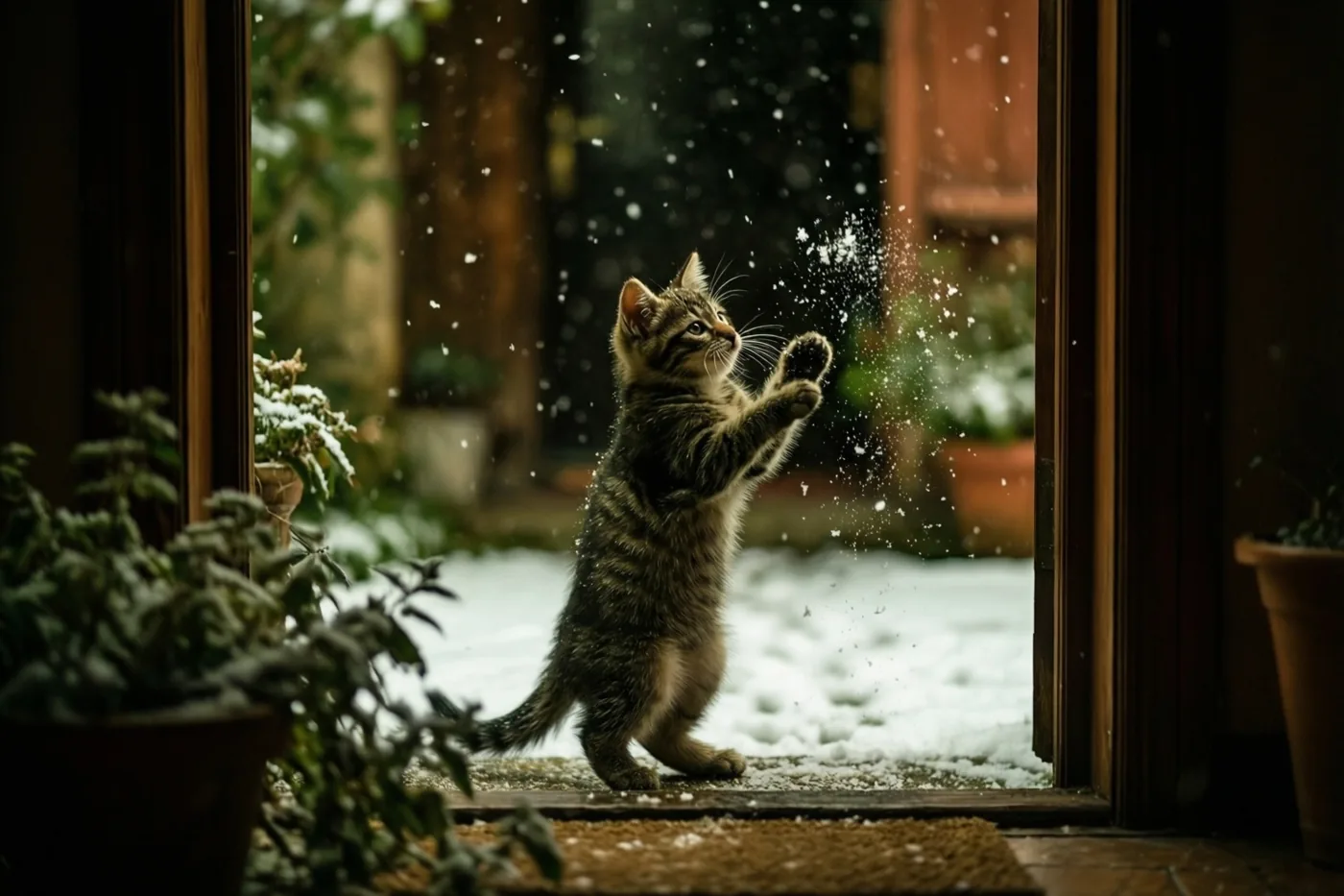 Een tijgerkatje staat op zijn achterpoten op een besneeuwde drempel en slaat naar sneeuwvlokken, in een houten deuropening met potplanten aan weerszijden.