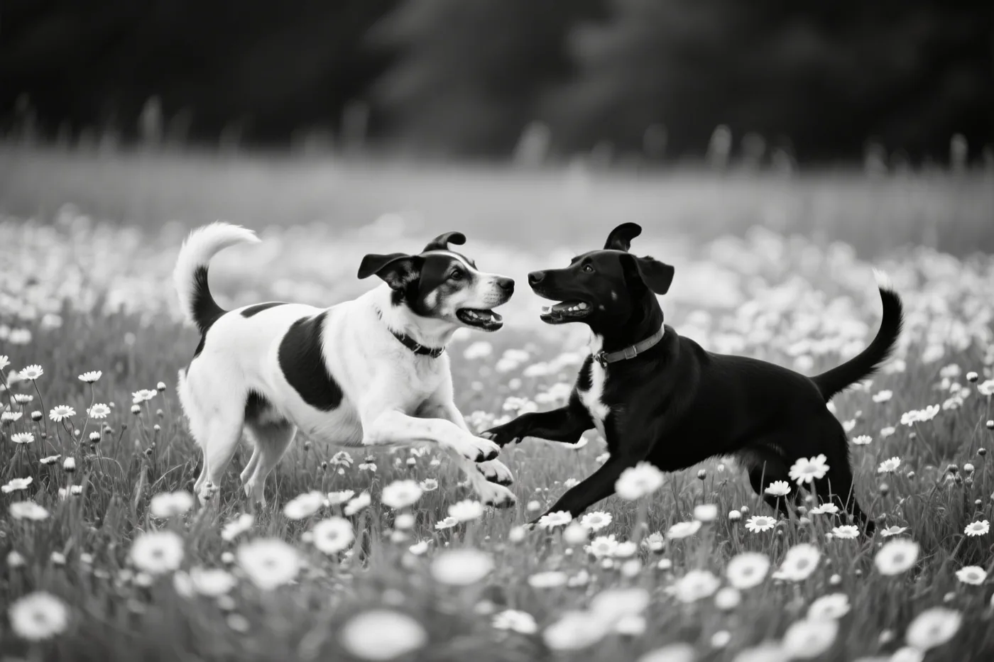 Twee honden spelen met elkaar in een veld met witte bloemen op een zwart-witfoto.