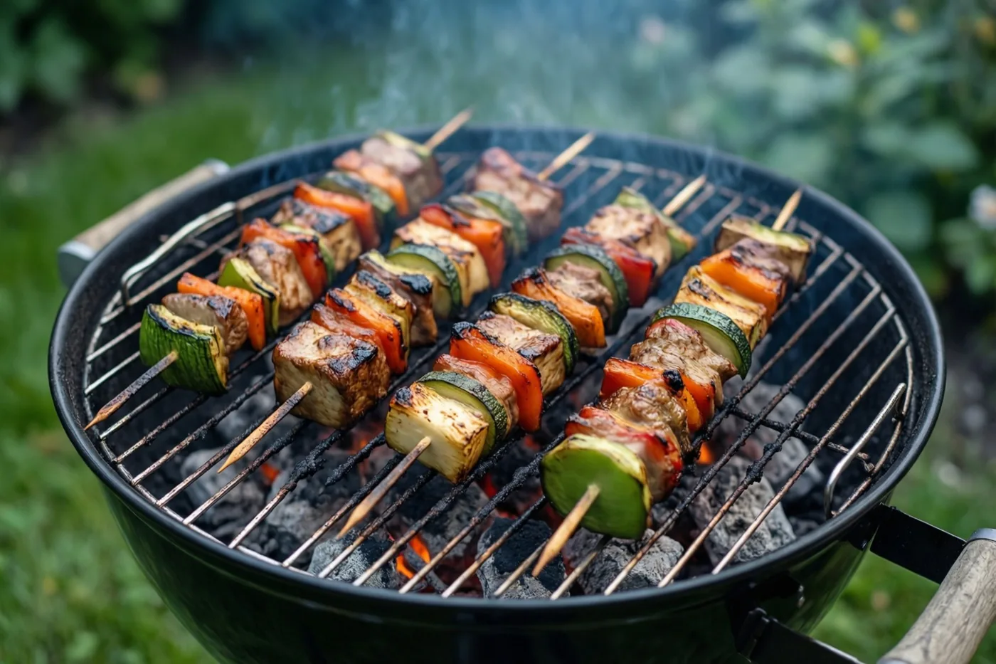 Vlees- en groentespiesjes liggen boven gloeiende kolen op een zwarte barbecue in een groene tuin.