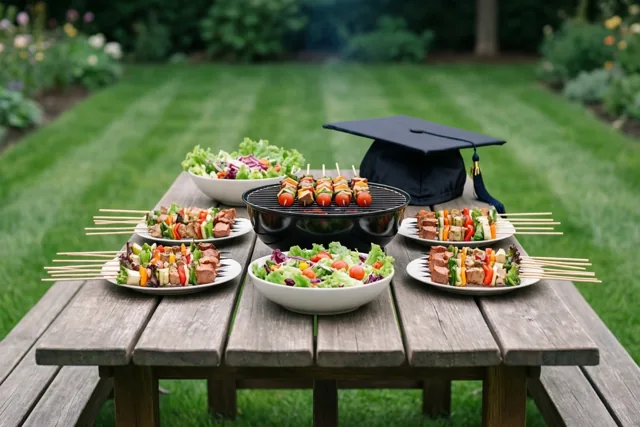Op een houten picknicktafel in een groene tuin staan borden met groente- en vleesspiesjes, kommen salade en een klein zwart afstudeerhoedje.