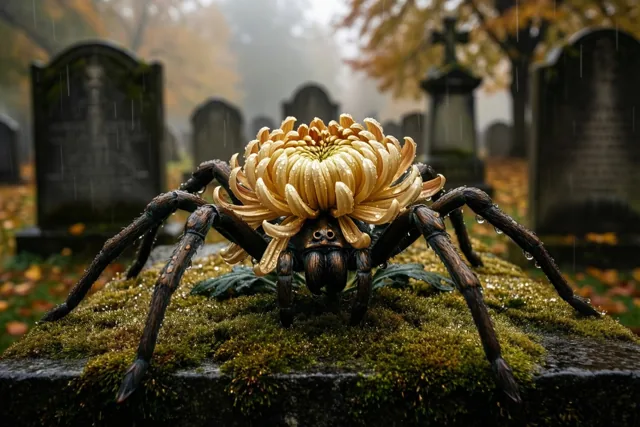 Een grote bronskleurige spin met een chrysant op haar rug en regendruppels op haar lijf zit op een bemost graf, met onscherpe grafstenen en herfstbomen in mistige regen erachter.